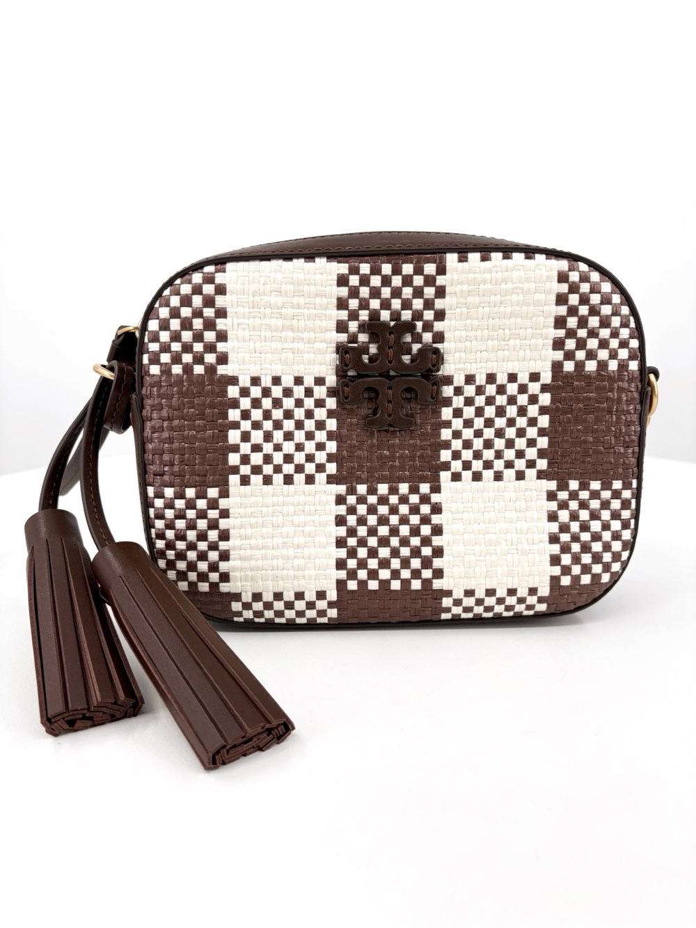 TORY BURCH McGraw Woven Plaid Camera Bag in Cold Brew - Picture 3 of 14